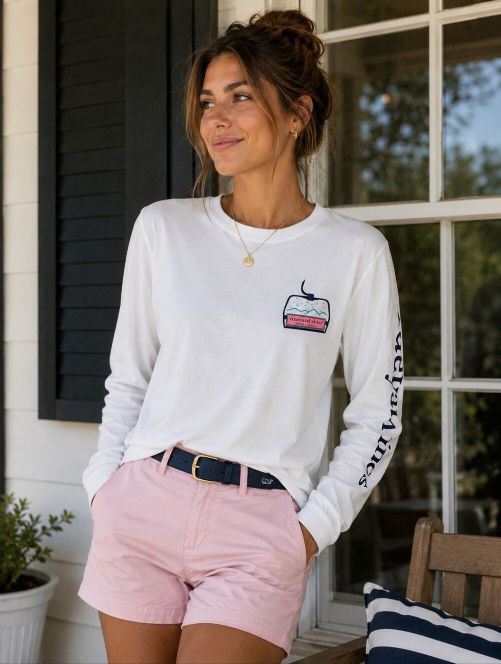 Vineyard Vines Womens Small White Long Sleeve Ski Chairlift Graphic T-Shirt S